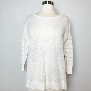 Karen Millen Women's White Open Knit Pullover 3/4 Sleeves Shirttail Top Size 2/S